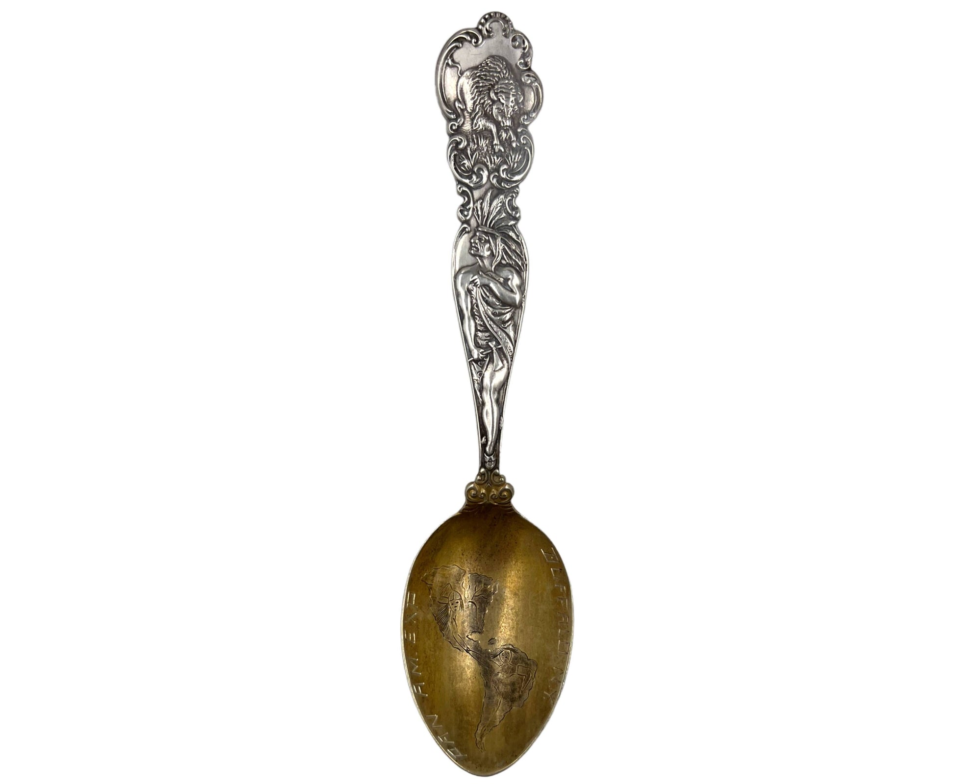Antique Pan American Exposition Buffalo Souvenir Spoon Sterling Silver w Indian Handle - Poppy's Vintage Clothing