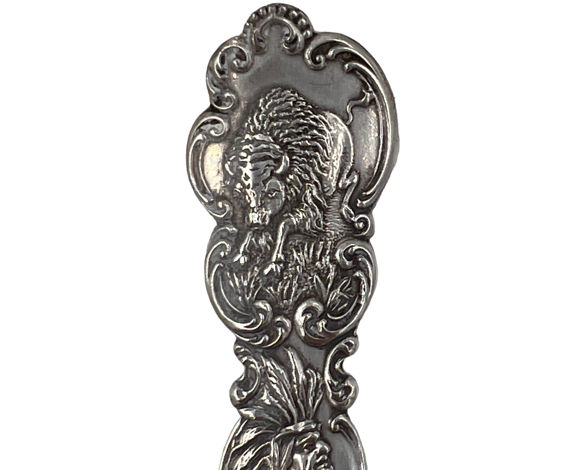 Antique Pan American Exposition Buffalo Souvenir Spoon Sterling Silver w Indian Handle - Poppy's Vintage Clothing