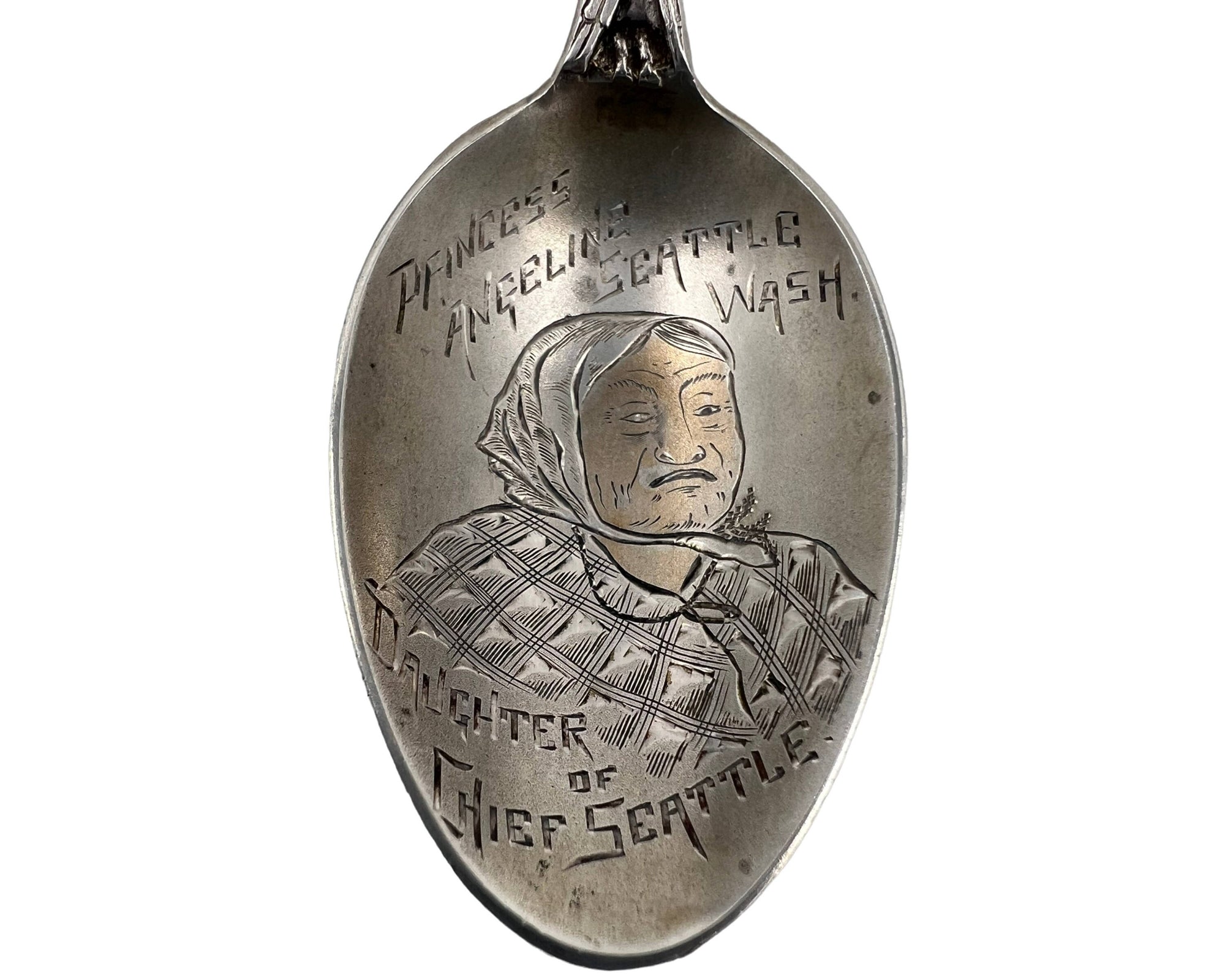 Antique Indian Chief Seattle Souvenir Spoon Sterling Silver Totem Pole w Princess Angeline Bowl - Poppy's Vintage Clothing