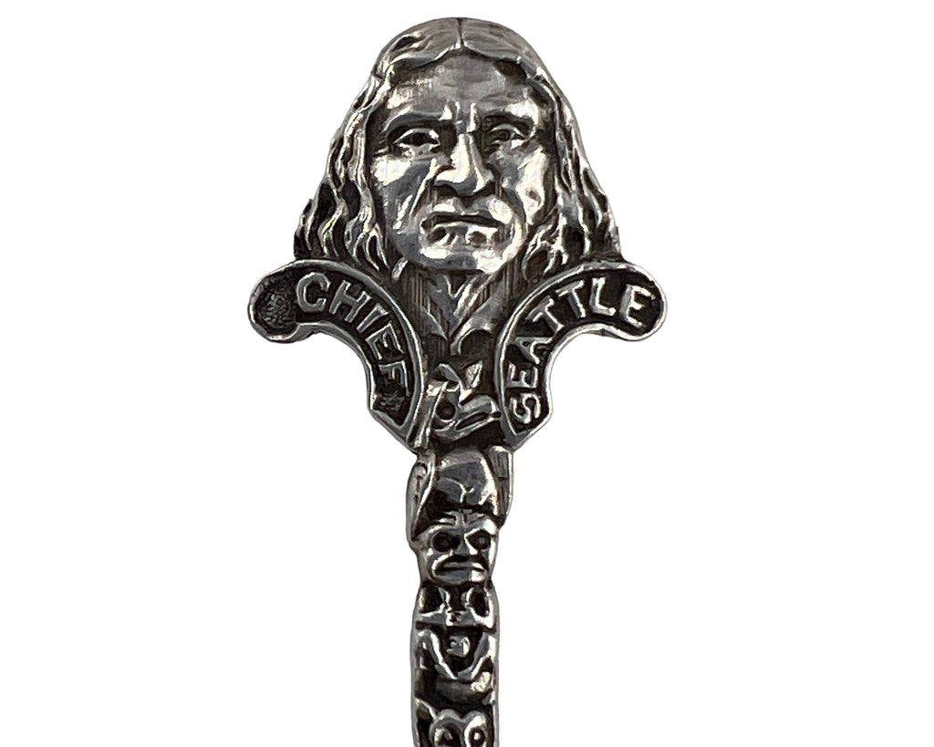 Antique Indian Chief Seattle Souvenir Spoon Sterling Silver Totem Pole w Princess Angeline Bowl - Poppy's Vintage Clothing