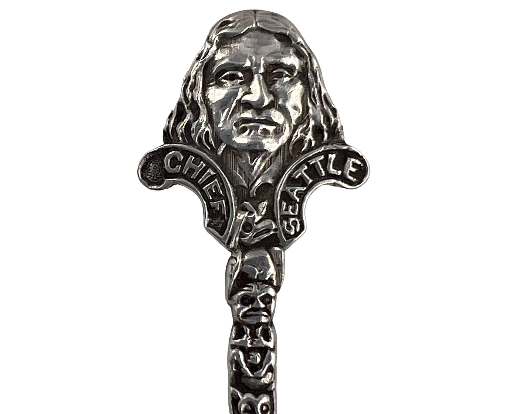 Antique Indian Chief Seattle Souvenir Spoon Sterling Silver Totem Pole w Princess Angeline Bowl - Poppy's Vintage Clothing