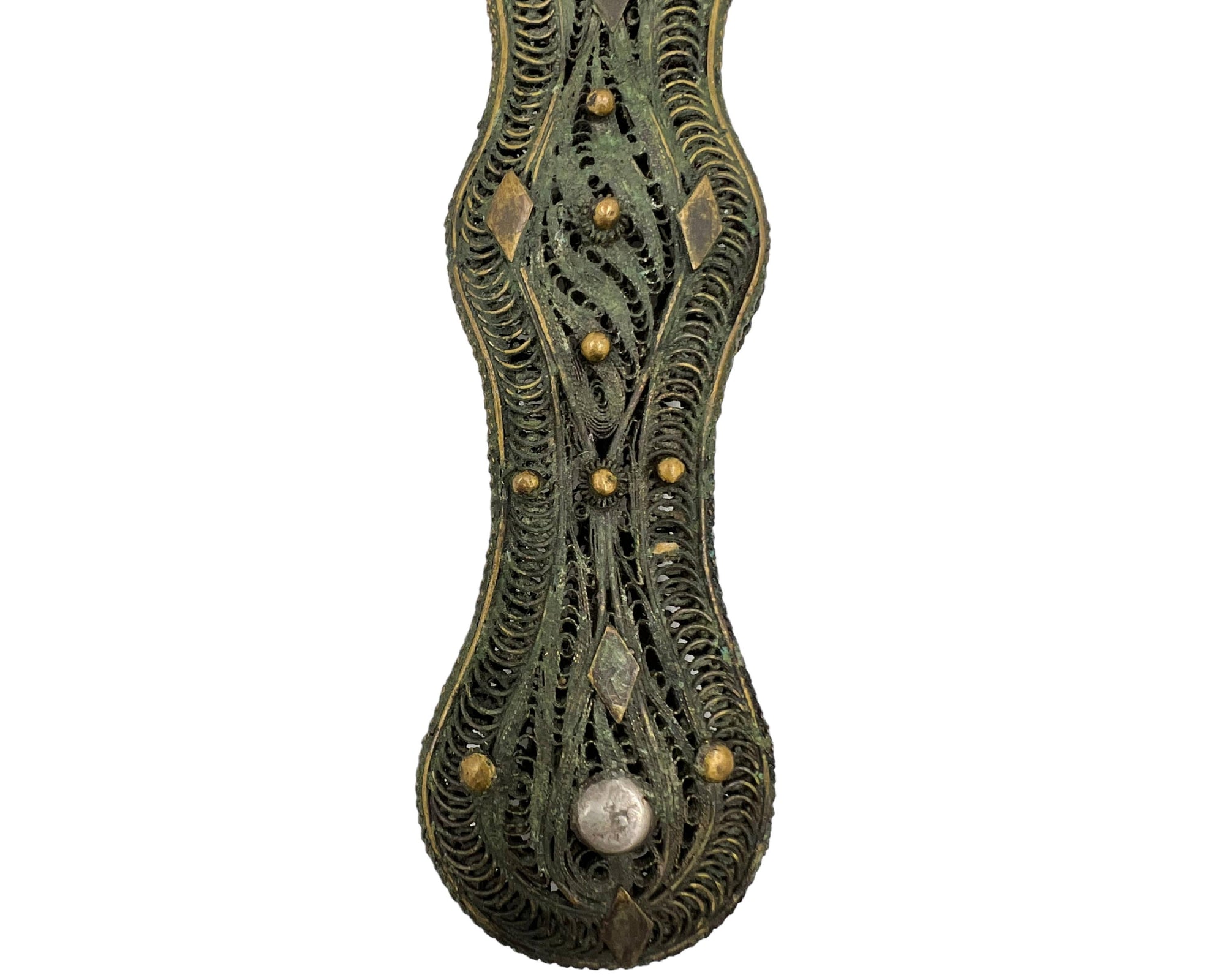 Antique Greek Patinated Silver Filigree Hand Mirror w Bronze Handle 19th c - Poppy's Vintage Clothing