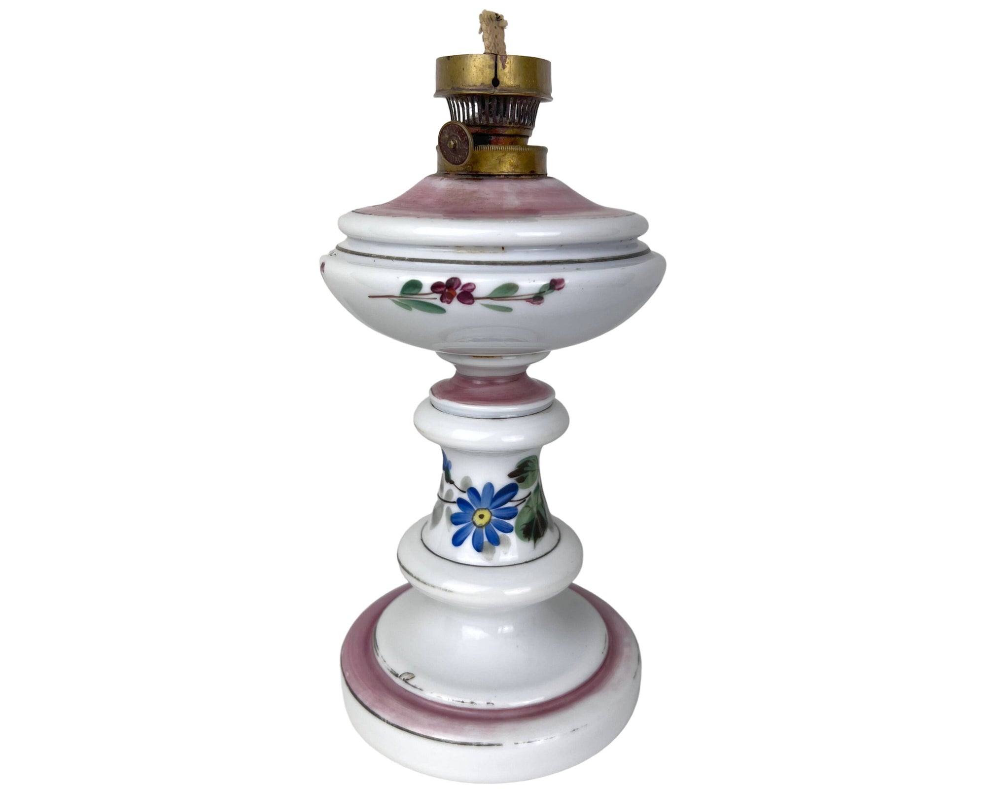 Antique Oil Lamp Painted Milk Glass w Hungarian Keolupper Budapest Burner - Poppy's Vintage Clothing