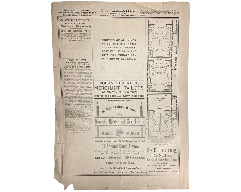 Antique 1883 New Haven Connecticut Carlls Opera House Programme 4 Pages - Poppy's Vintage Clothing