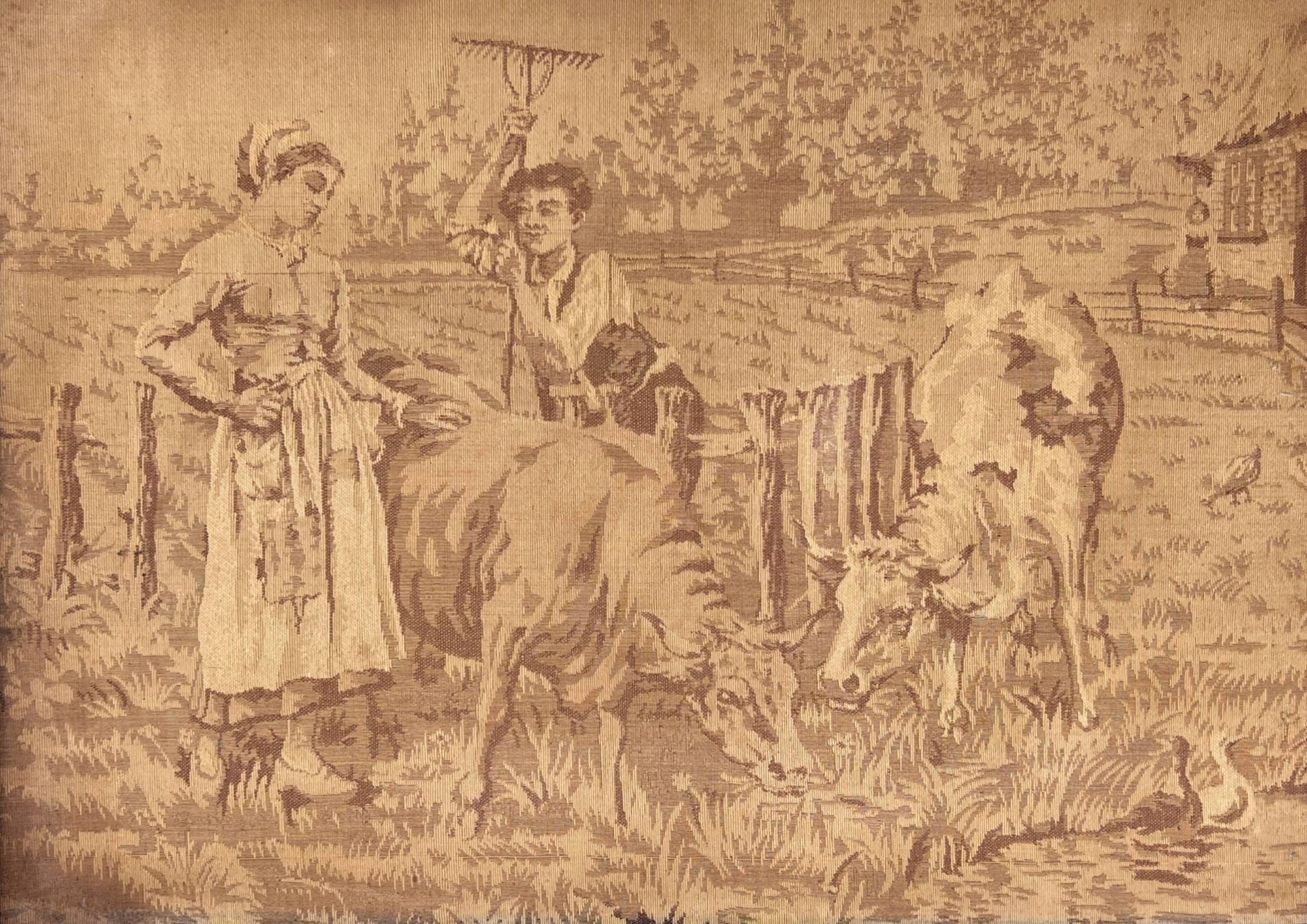 Antique Tapestry Farmer Couple with Cows Machine Made 12.5 x 17.25 - Poppy's Vintage Clothing