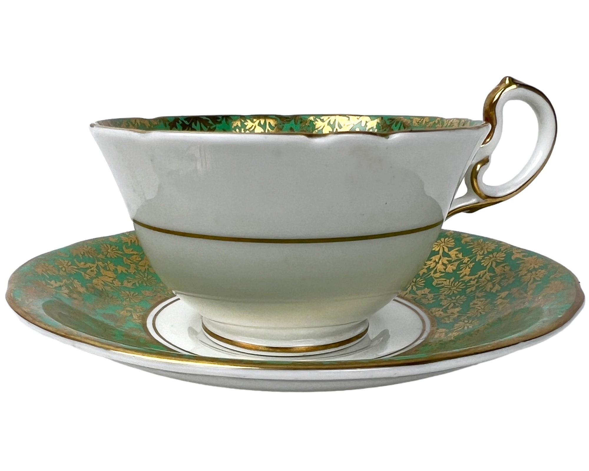 Vintage 1930s Aynsley Bone China Tea Cup & Saucer Green Floral Lace C848 - Poppy's Vintage Clothing