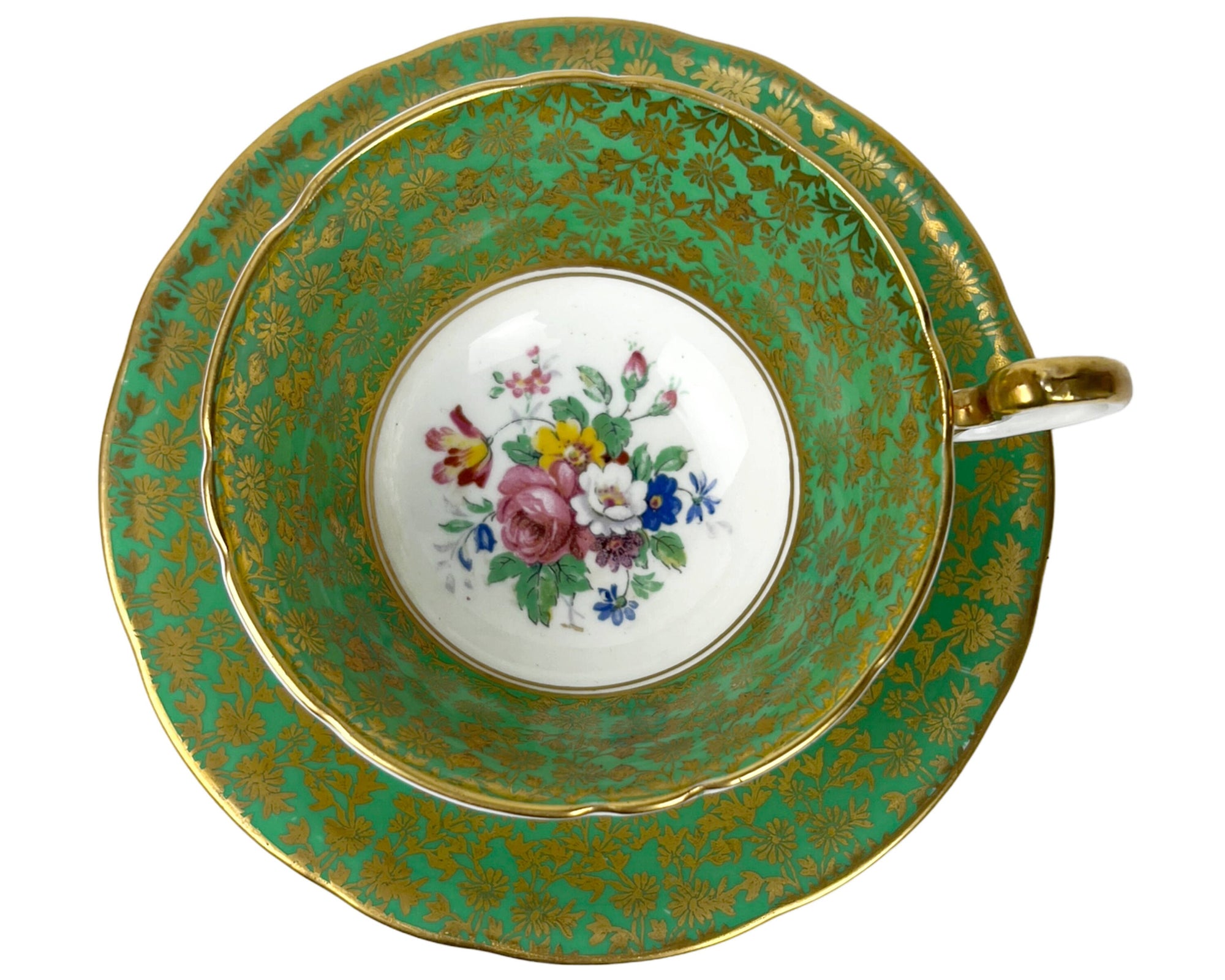 Vintage 1930s Aynsley Bone China Tea Cup & Saucer Green Floral Lace C848 - Poppy's Vintage Clothing
