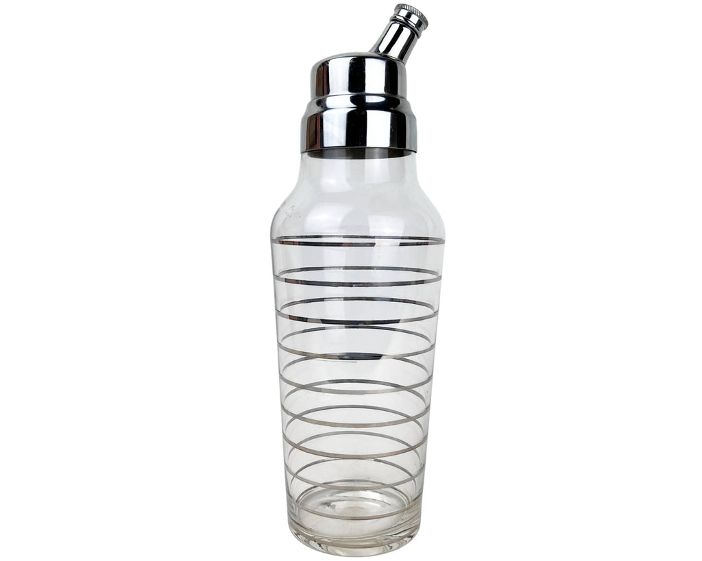 Art Deco Glass Cocktail Shaker Derby Shelton Connecticut w Silver Rings & Chrome Top - Poppy's Vintage Clothing
