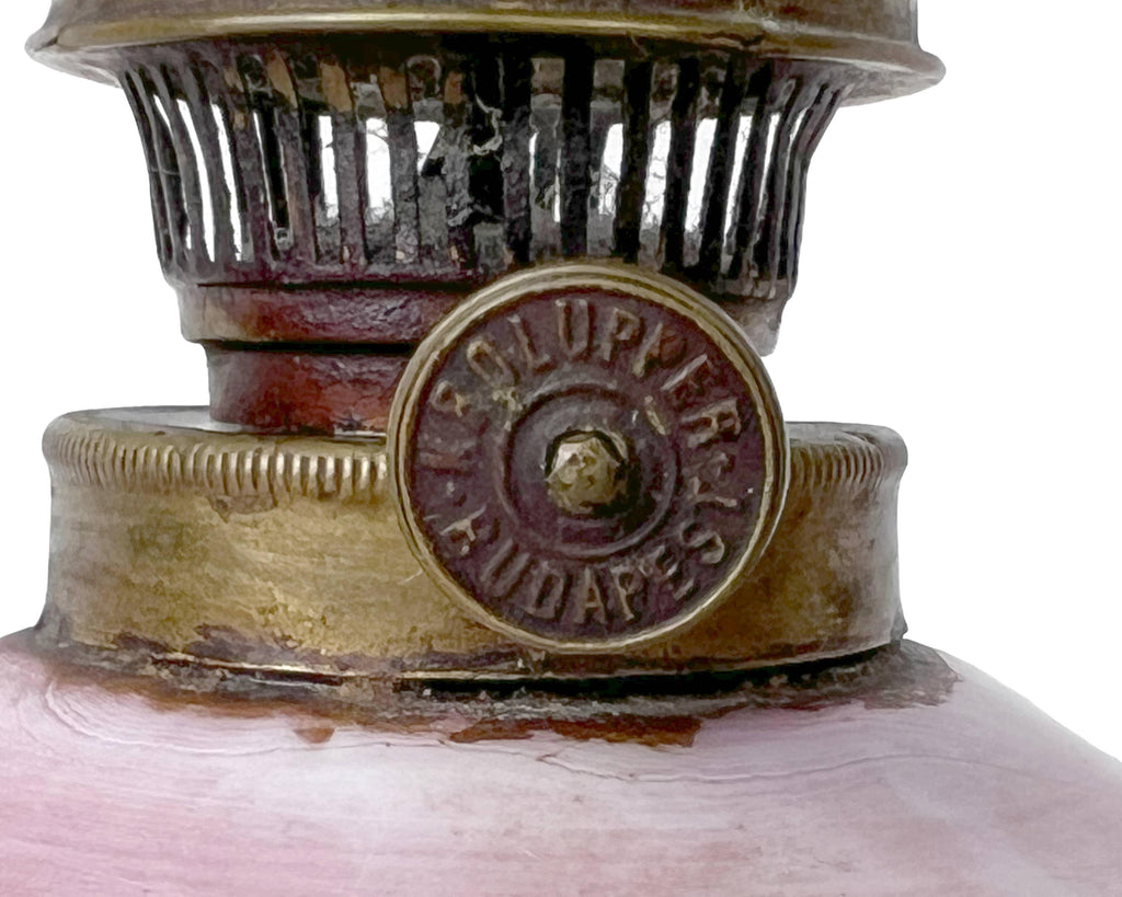 Antique Oil Lamp Painted Milk Glass w Hungarian Keolupper Budapest Burner - Poppy's Vintage Clothing