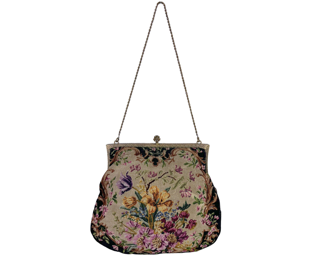 Vintage Petit Point Purse Floral Pattern with Jeweled Ormolu Frame - Poppy's Vintage Clothing