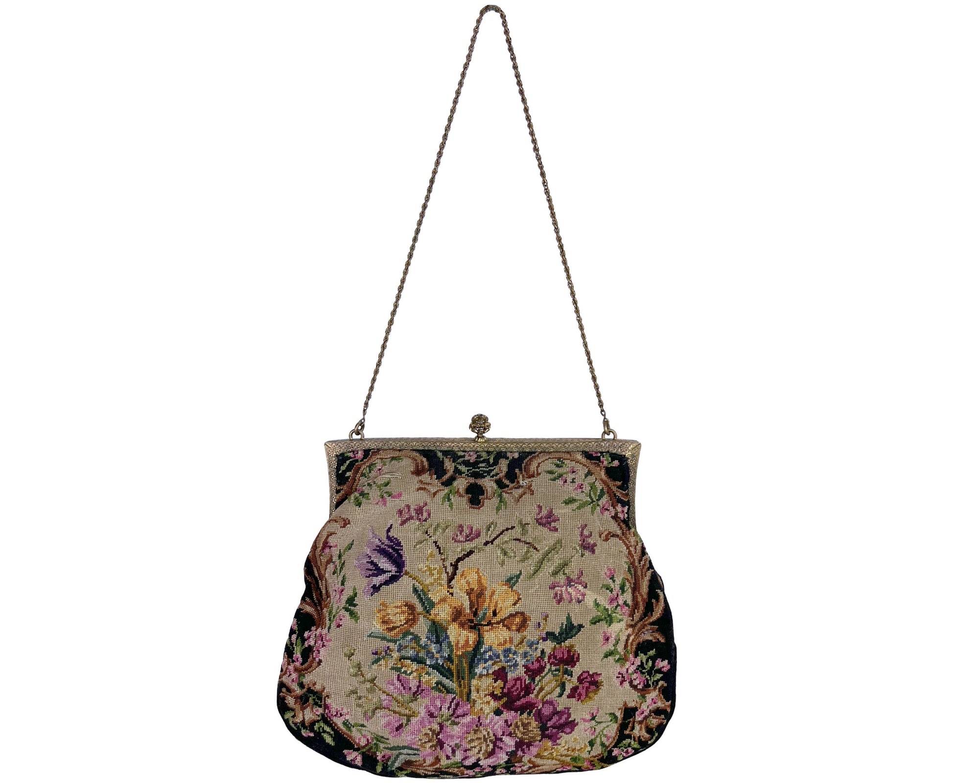 Vintage Petit Point Purse Floral Pattern with Jeweled Ormolu Frame - Poppy's Vintage Clothing
