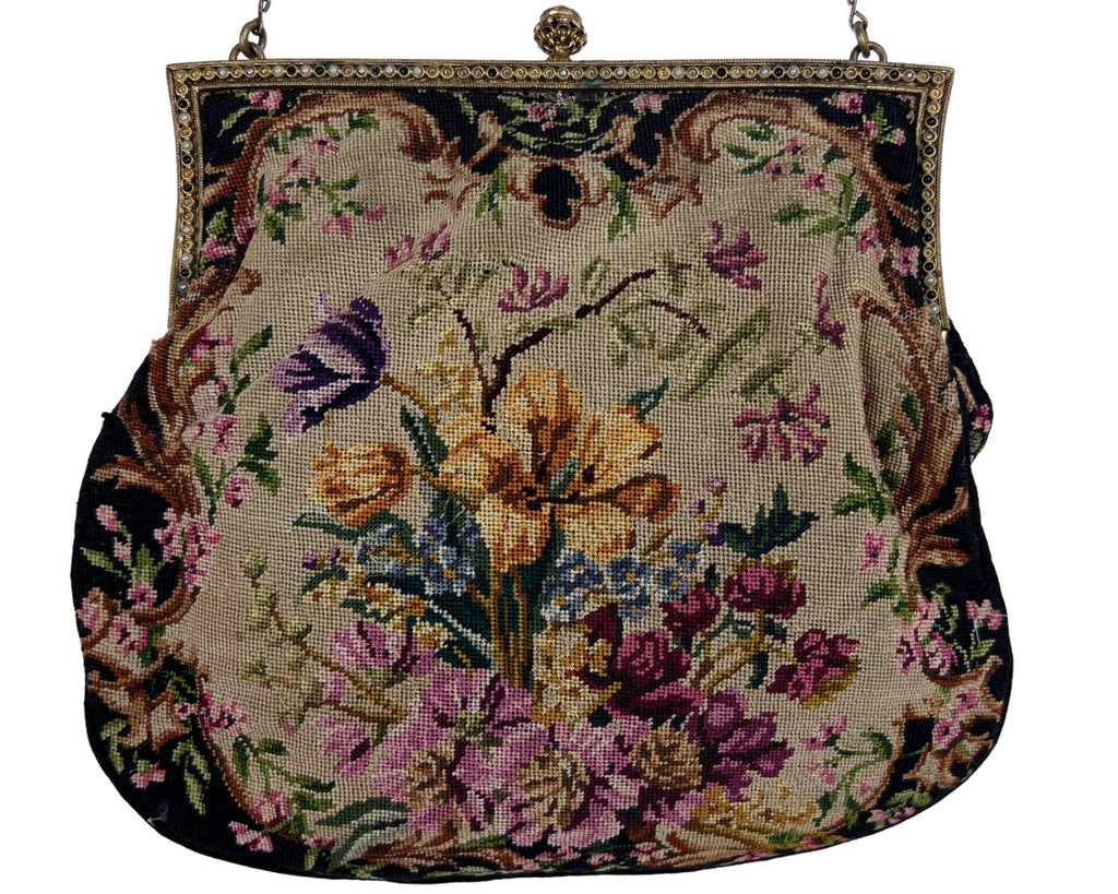 Vintage Petit Point Purse Floral Pattern with Jeweled Ormolu Frame - Poppy's Vintage Clothing