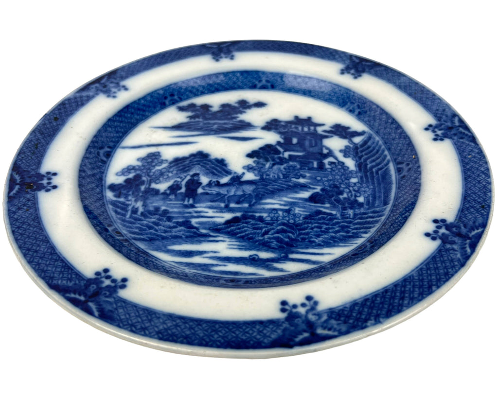 Antique Staffordshire Pearlware Blue Transfer Plate Boy on a Buffalo Georgian Era - Poppy's Vintage Clothing