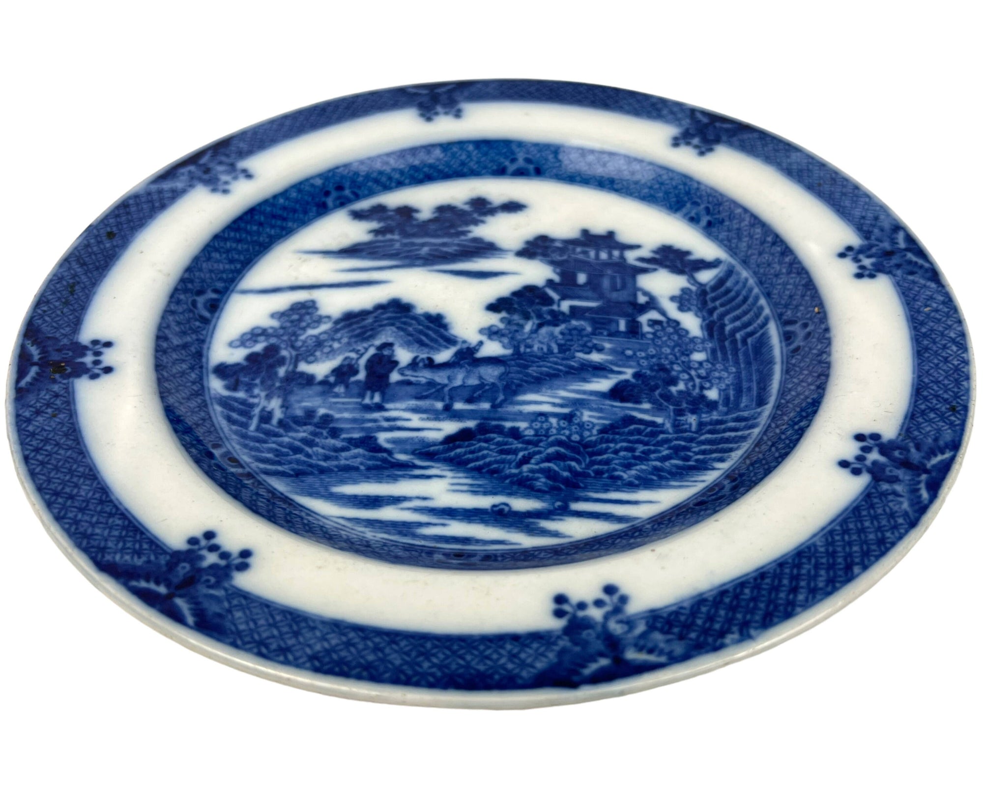 Antique Staffordshire Pearlware Blue Transfer Plate Boy on a Buffalo Georgian Era - Poppy's Vintage Clothing