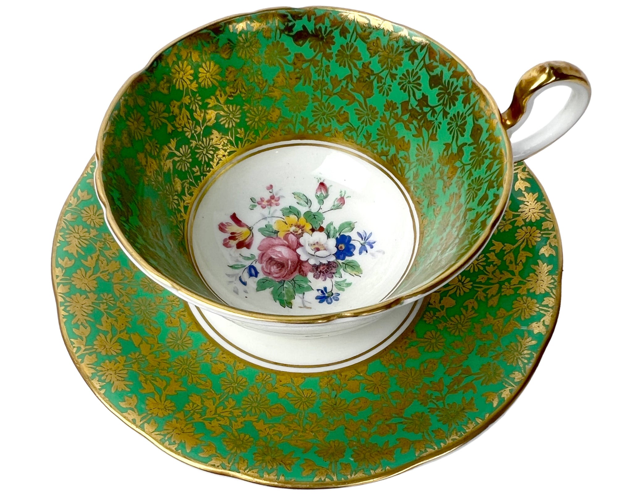 Vintage 1930s Aynsley Bone China Tea Cup & Saucer Green Floral Lace C848 - Poppy's Vintage Clothing