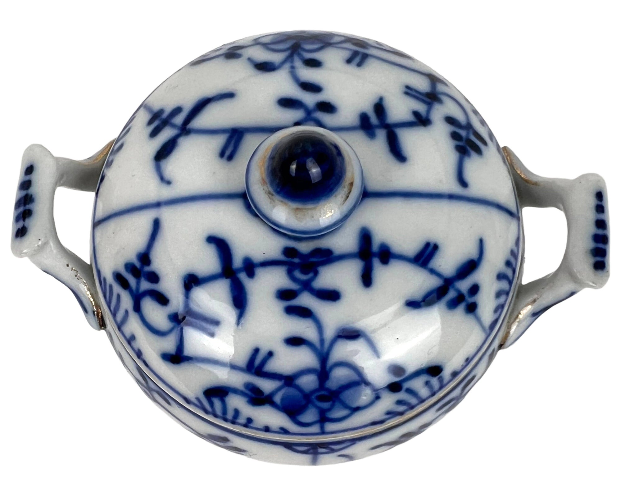 Antique 19th c Tettau Porcelain Sugar Bowl Strawflower / Blue Onion Kniglich privilegierte Porzellanmanufaktur - Poppy's Vintage Clothing