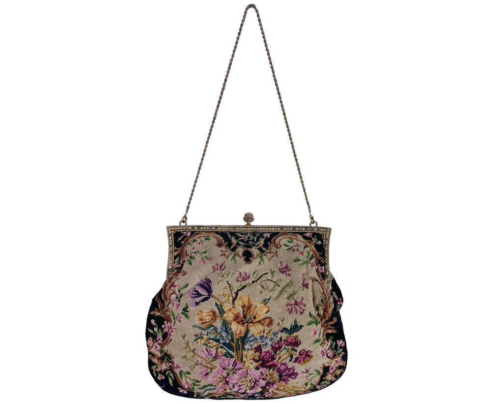 Vintage Petit Point Purse Floral Pattern with Jeweled Ormolu Frame - Poppy's Vintage Clothing