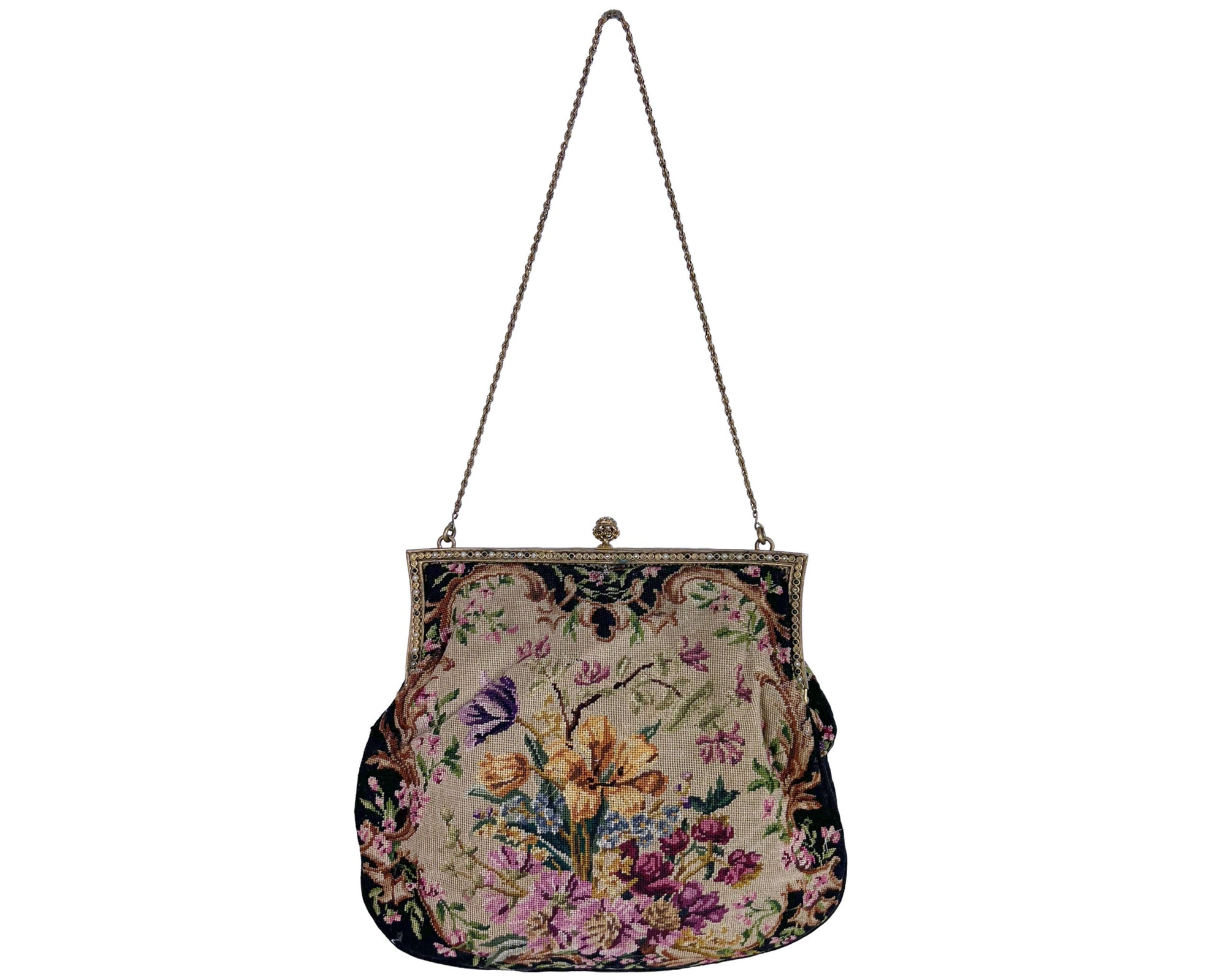 Vintage Petit Point Purse Floral Pattern with Jeweled Ormolu Frame - Poppy's Vintage Clothing