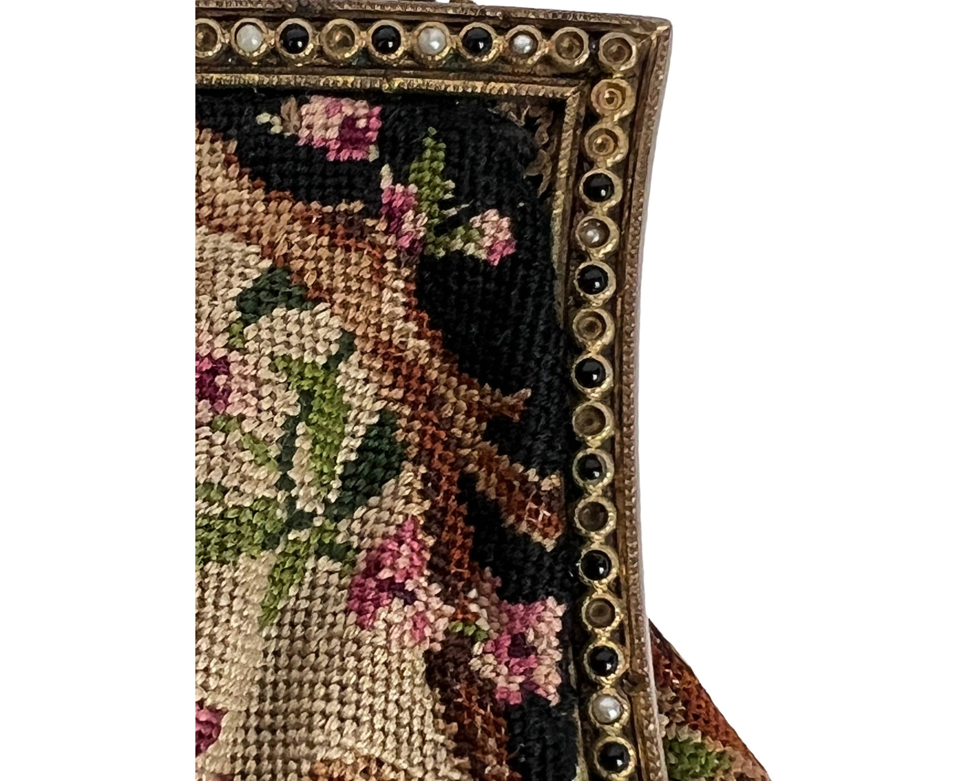 Vintage Petit Point Purse Floral Pattern with Jeweled Ormolu Frame - Poppy's Vintage Clothing