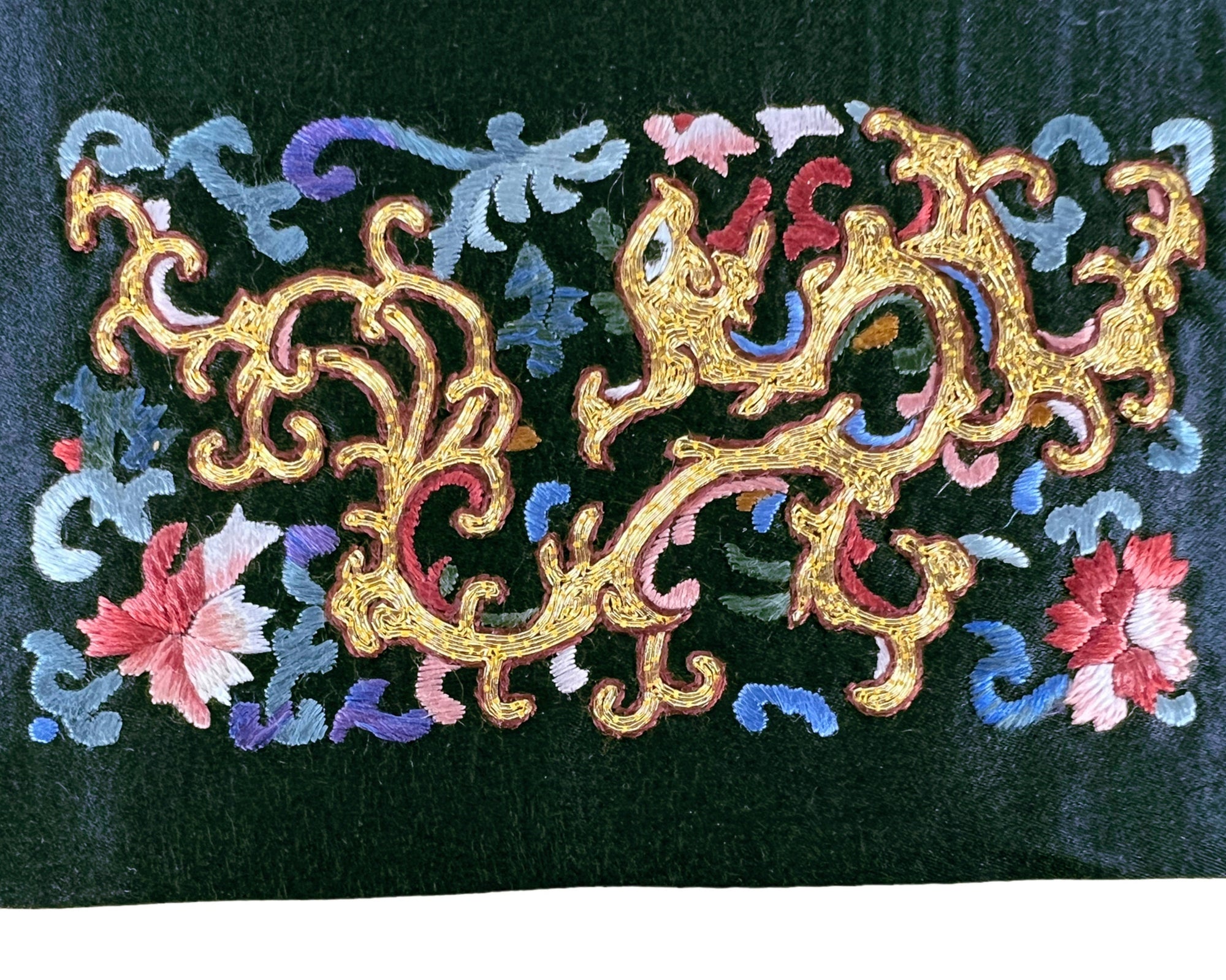 Vintage Placemats Chinese Metallic Embroidered Black Satin Emperor Brand - Poppy's Vintage Clothing