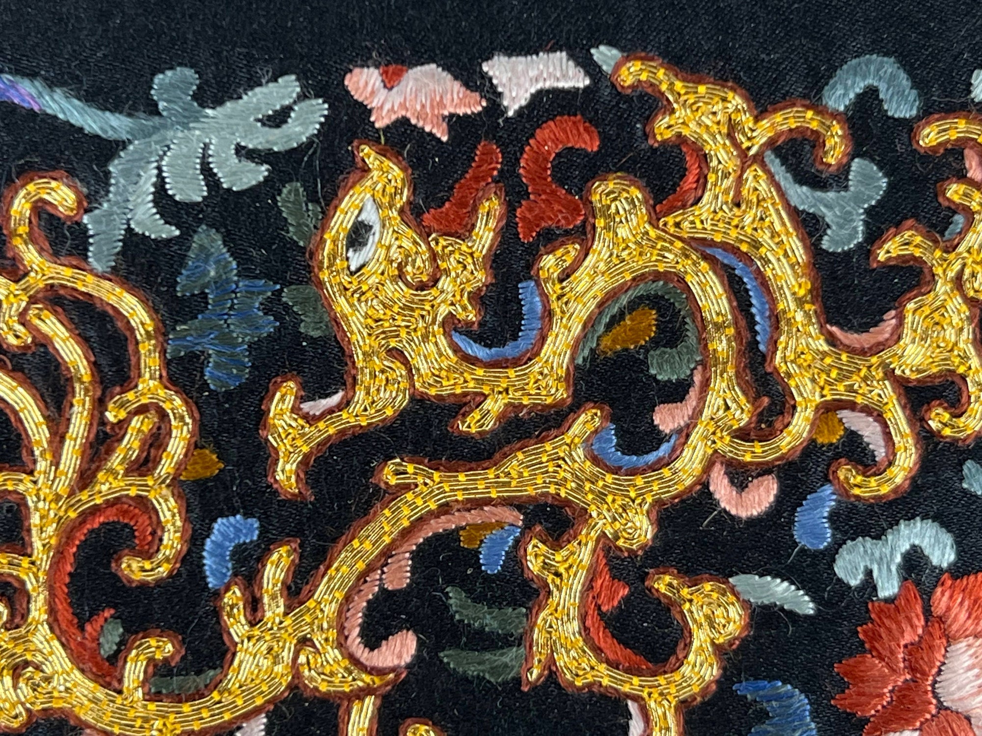 Vintage Placemats Chinese Metallic Embroidered Black Satin Emperor Brand - Poppy's Vintage Clothing
