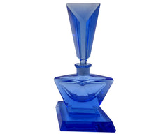 Vintage 1930s Czech Blue Crystal Glass Perfume Bottle w Base - Poppy's Vintage Clothing