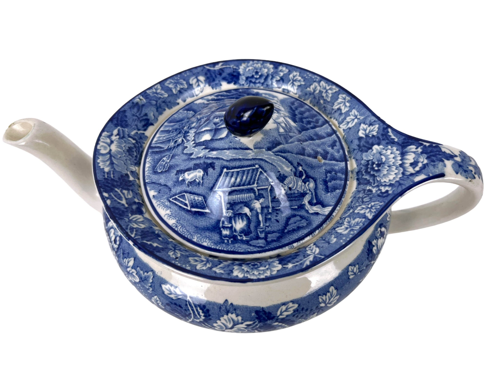 Antique Woods Ware English Scenery Teapot Blue & White c 1920s - Poppy's Vintage Clothing