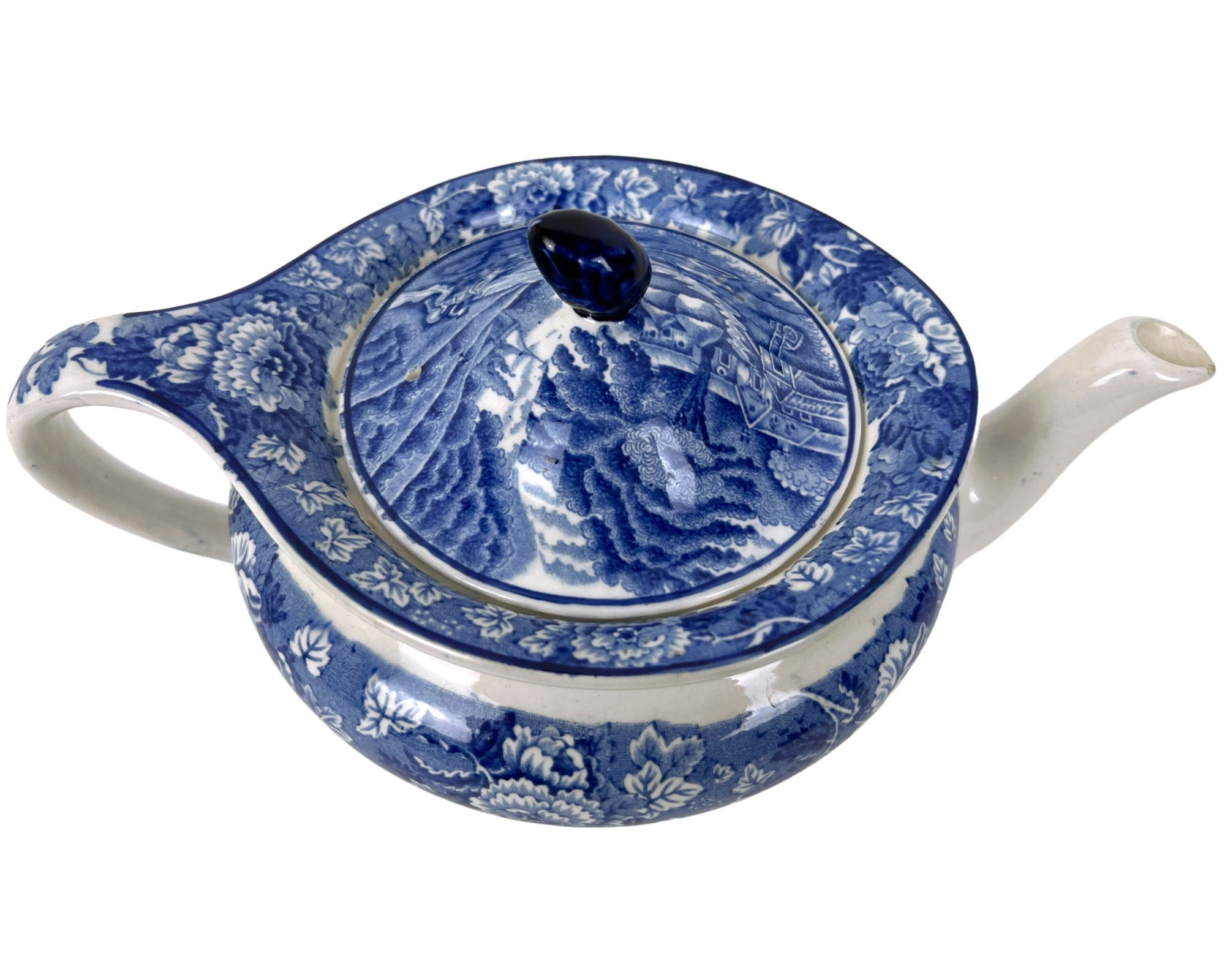 Antique Woods Ware English Scenery Teapot Blue & White c 1920s - Poppy's Vintage Clothing