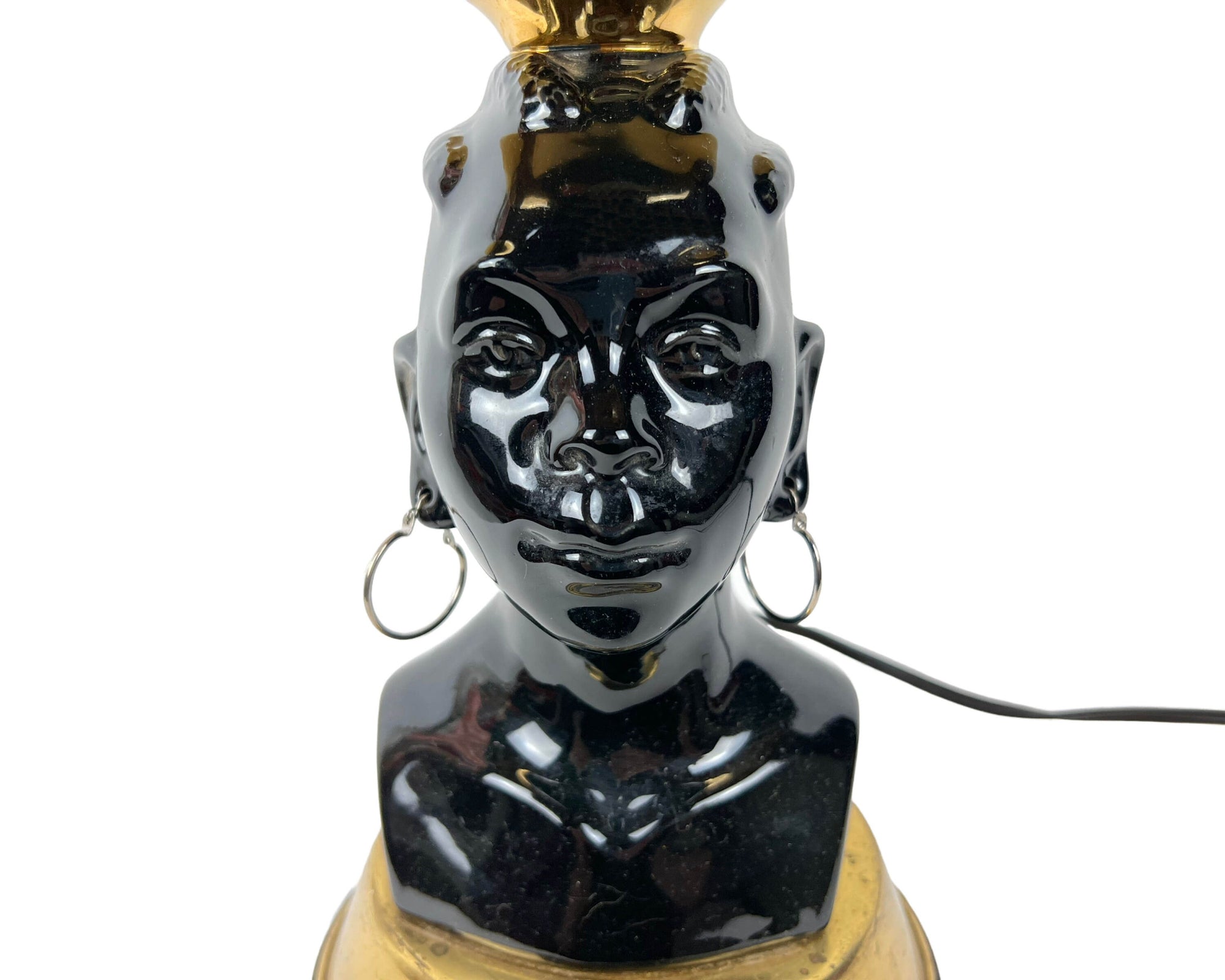 Vintage 1950s Nubian Head Vase Lamp Black Pottery African Woman w Gilt Gold Bowl - Poppy's Vintage Clothing