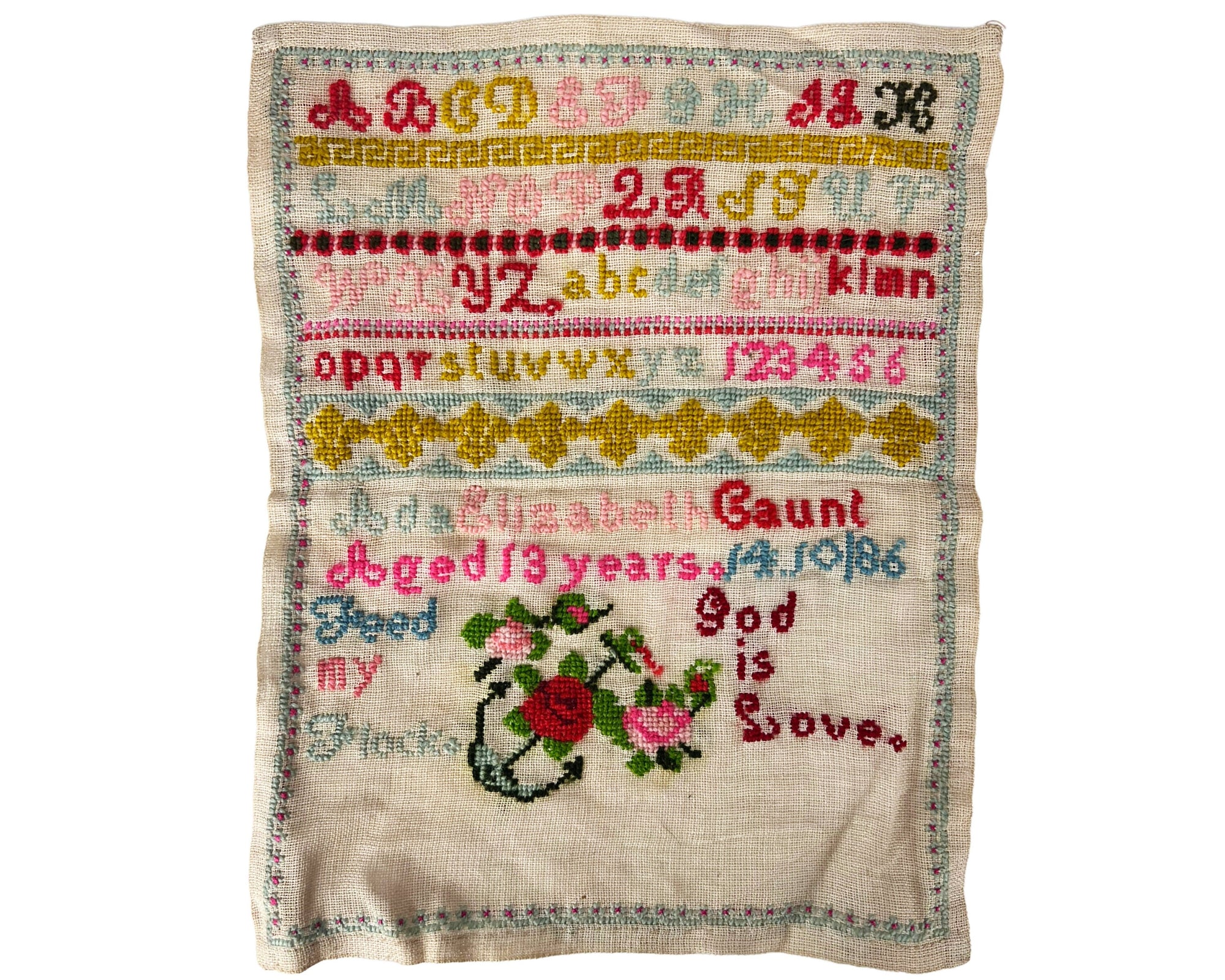 Antique 19th c Samplers by Ada Elizabeth Gaunt Needlework Embroidery 1886 - 1887 - Poppy's Vintage Clothing