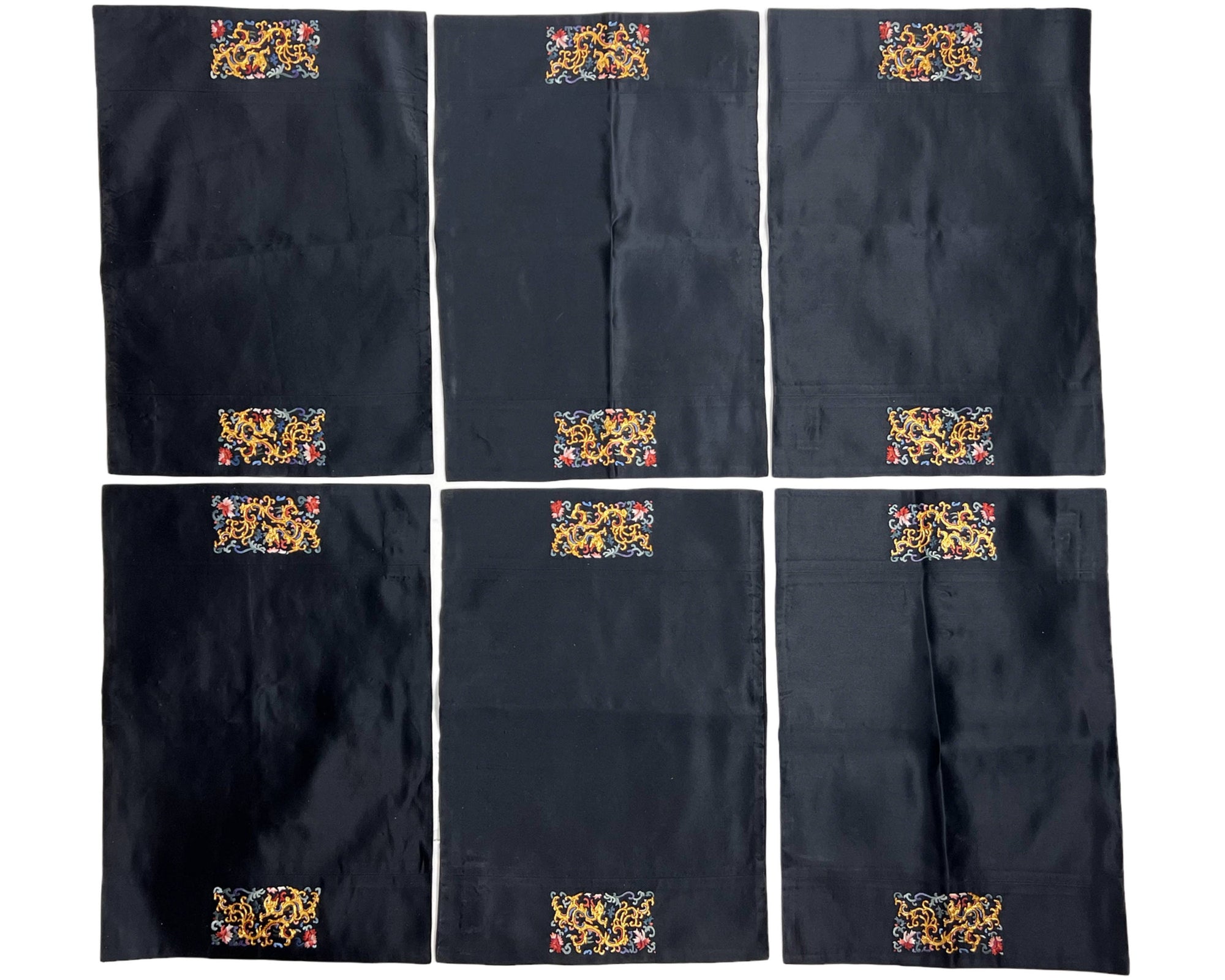 Vintage Placemats Chinese Metallic Embroidered Black Satin Emperor Brand - Poppy's Vintage Clothing