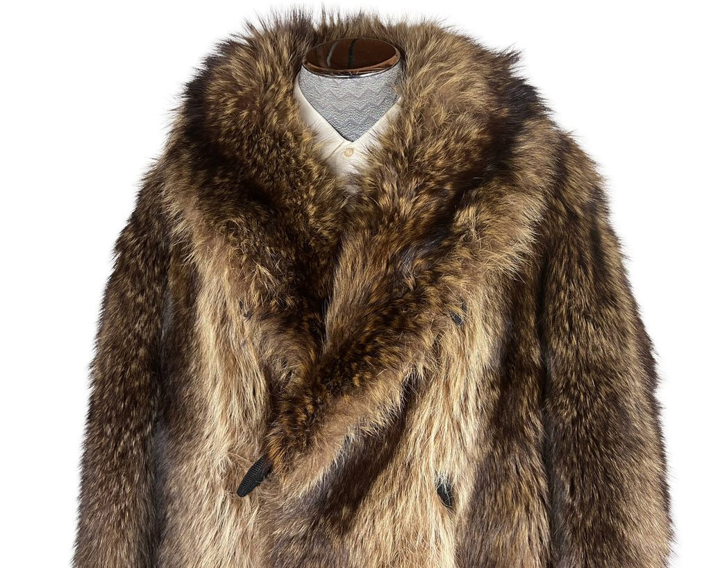 Antique 1910s 1920s Mens Raccoon Fur Coat Ivy League Football Fan Size L - Poppy's Vintage Clothing