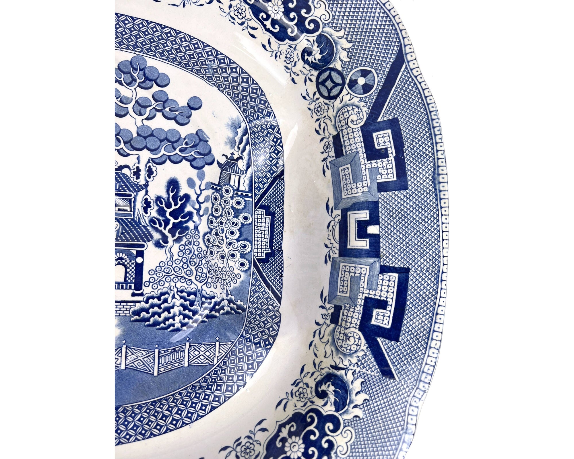 Large Antique 19th c Staffordshire Blue Willow Meat Platter with Well 17.75 x 22 - Poppy's Vintage Clothing