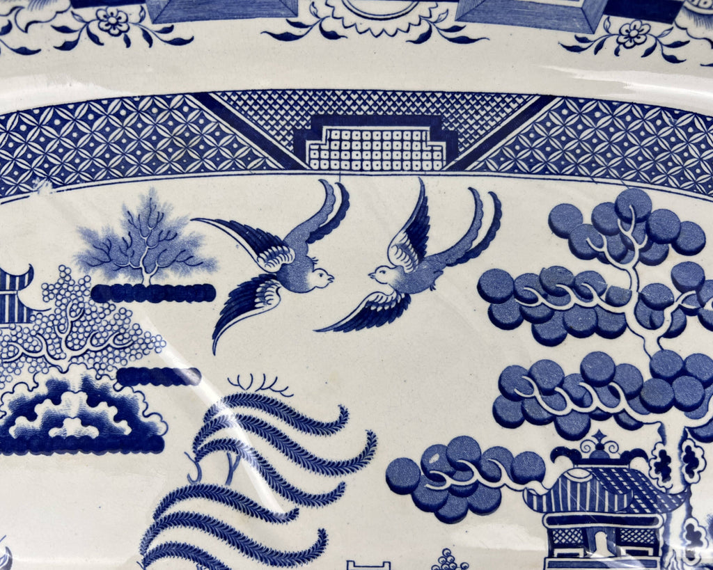 Large Antique 19th c Staffordshire Blue Willow Meat Platter with Well 17.75 x 22 - Poppy's Vintage Clothing