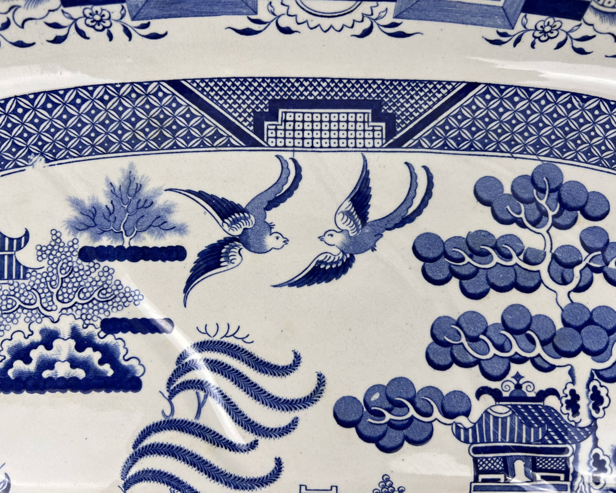 Large Antique 19th c Staffordshire Blue Willow Meat Platter with Well 17.75 x 22 - Poppy's Vintage Clothing