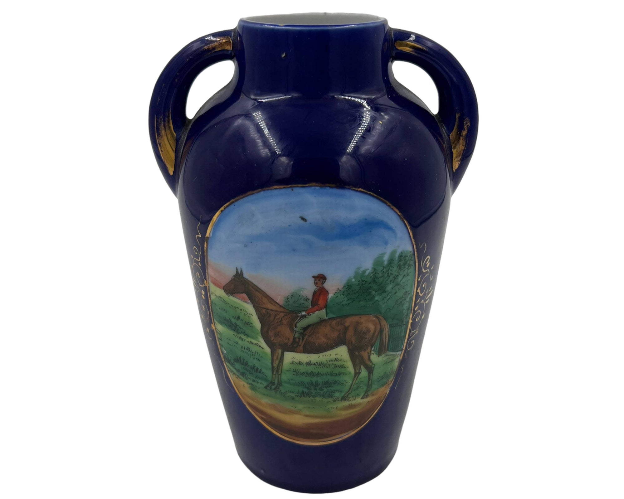 Antique Cobalt Blue Vase Horse and Rider Wheelock Dresden China Germany - Poppy's Vintage Clothing