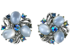 Vintage 1950s Lisner Earrings Light Blue Moonglow Lucite w Aurora Rhinestones Signed - Poppy's Vintage Clothing