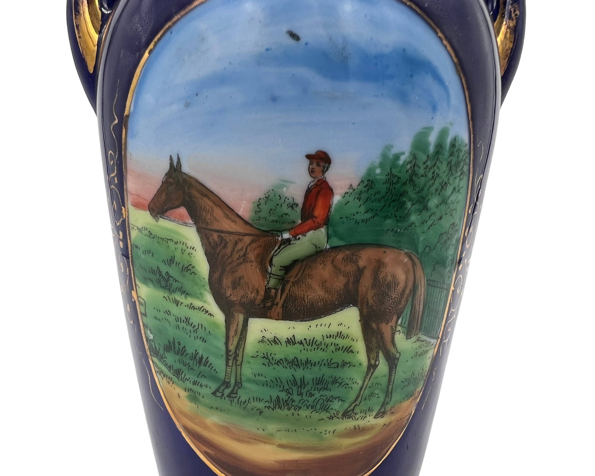 Antique Cobalt Blue Vase Horse and Rider Wheelock Dresden China Germany - Poppy's Vintage Clothing