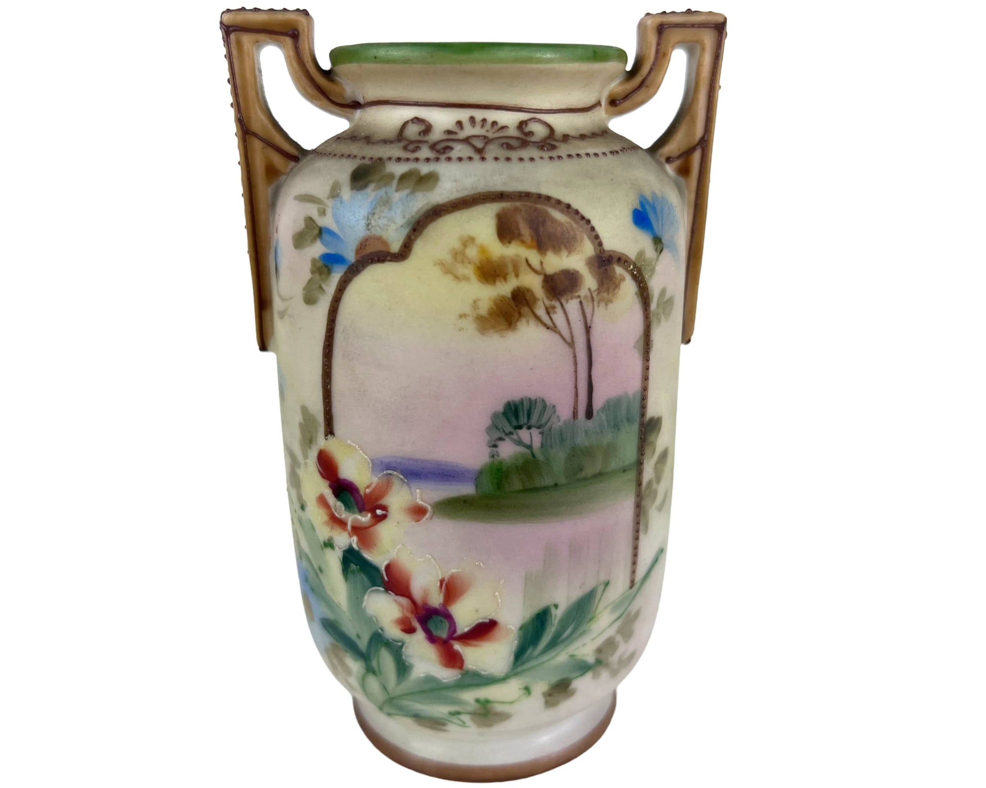 Antique Nippon Porcelain Miniature Vases Hand Painted Scene Matched Pair Morimura M Mark - Poppy's Vintage Clothing