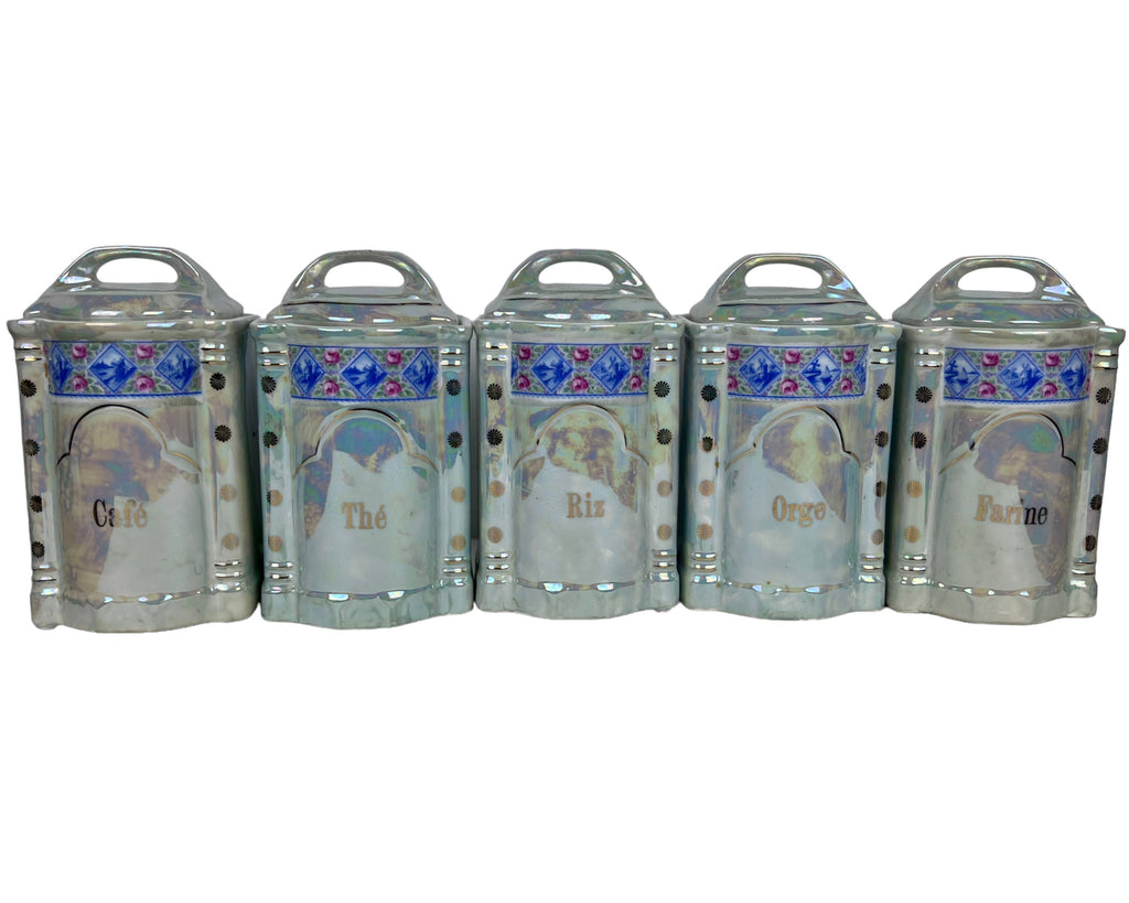 Vintage 1920s 30s French Canister Set Lustre Porcelain 10 pieces Excellent - Poppy's Vintage Clothing