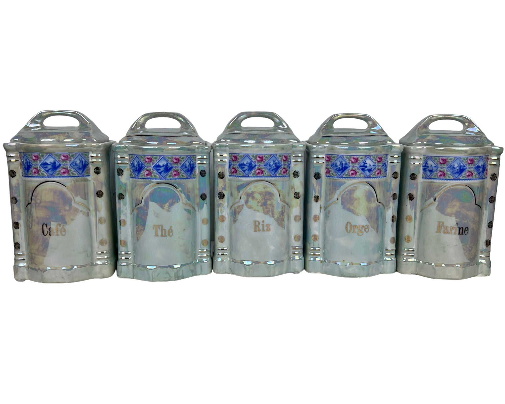 Vintage 1920s 30s French Canister Set Lustre Porcelain 10 pieces Excellent - Poppy's Vintage Clothing