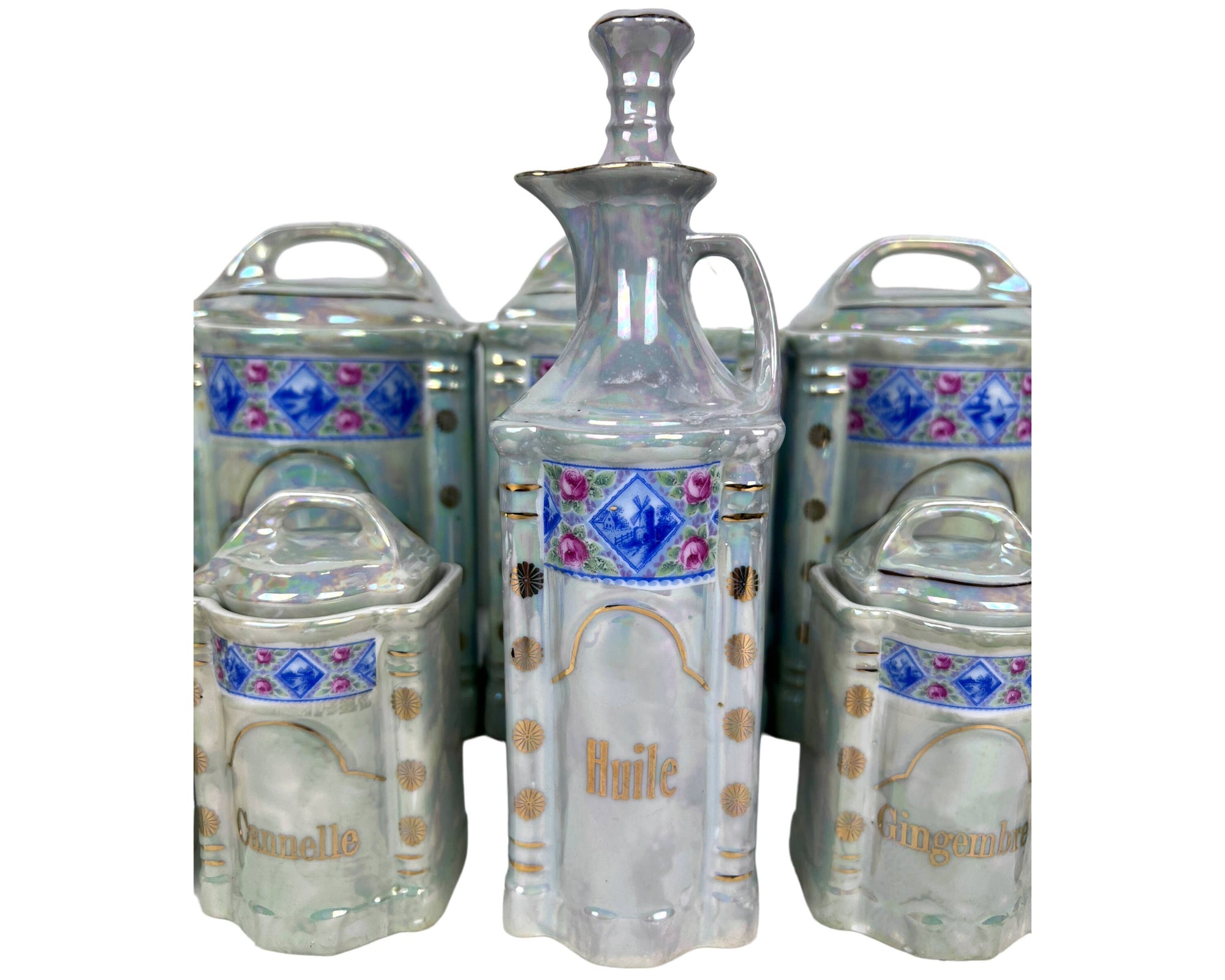 Vintage 1920s 30s French Canister Set Lustre Porcelain 10 pieces Excellent - Poppy's Vintage Clothing