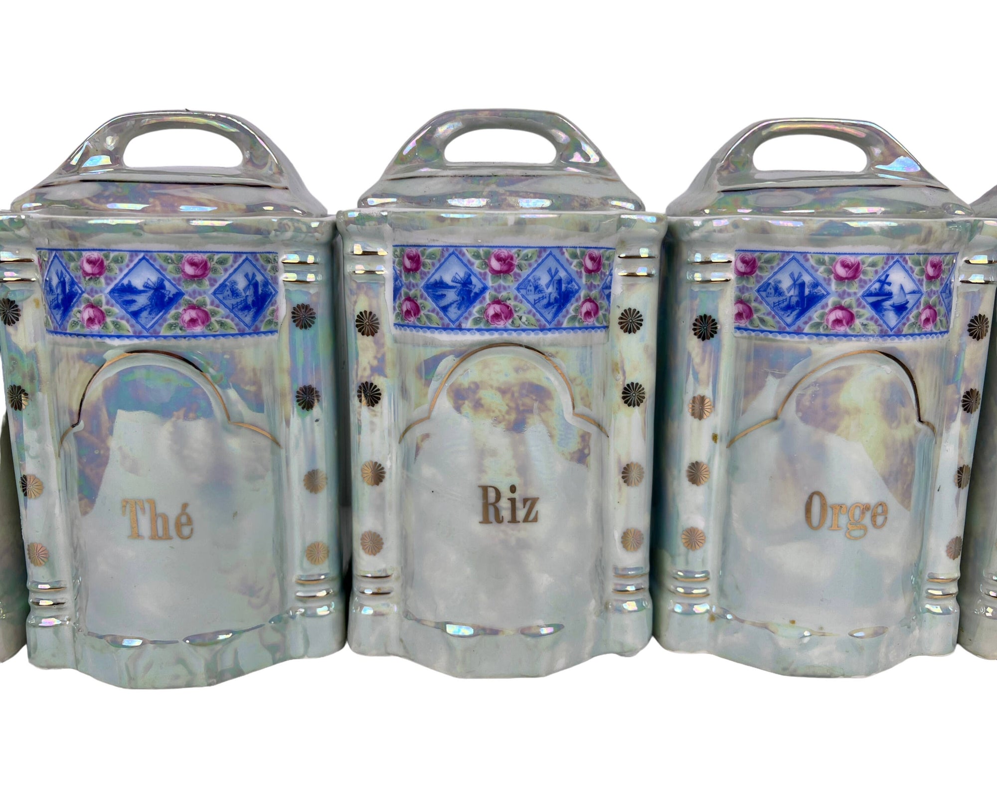 Vintage 1920s 30s French Canister Set Lustre Porcelain 10 pieces Excellent - Poppy's Vintage Clothing