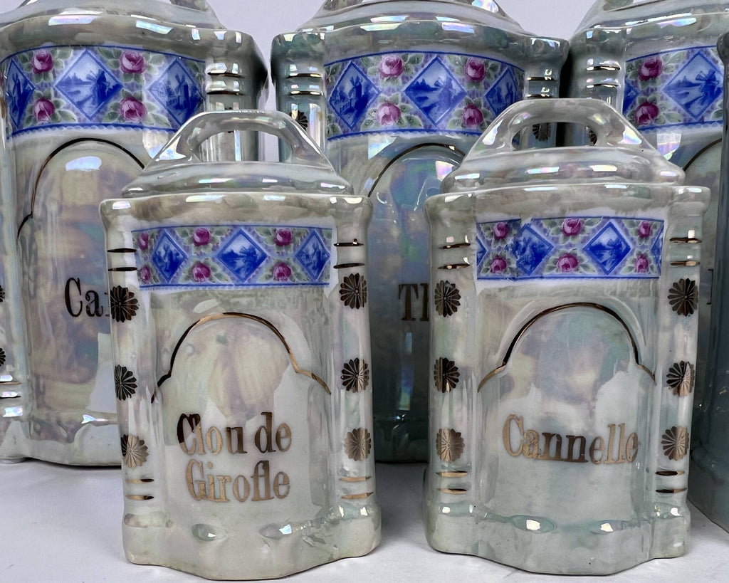 Vintage 1920s 30s French Canister Set Lustre Porcelain 10 pieces Excellent - Poppy's Vintage Clothing