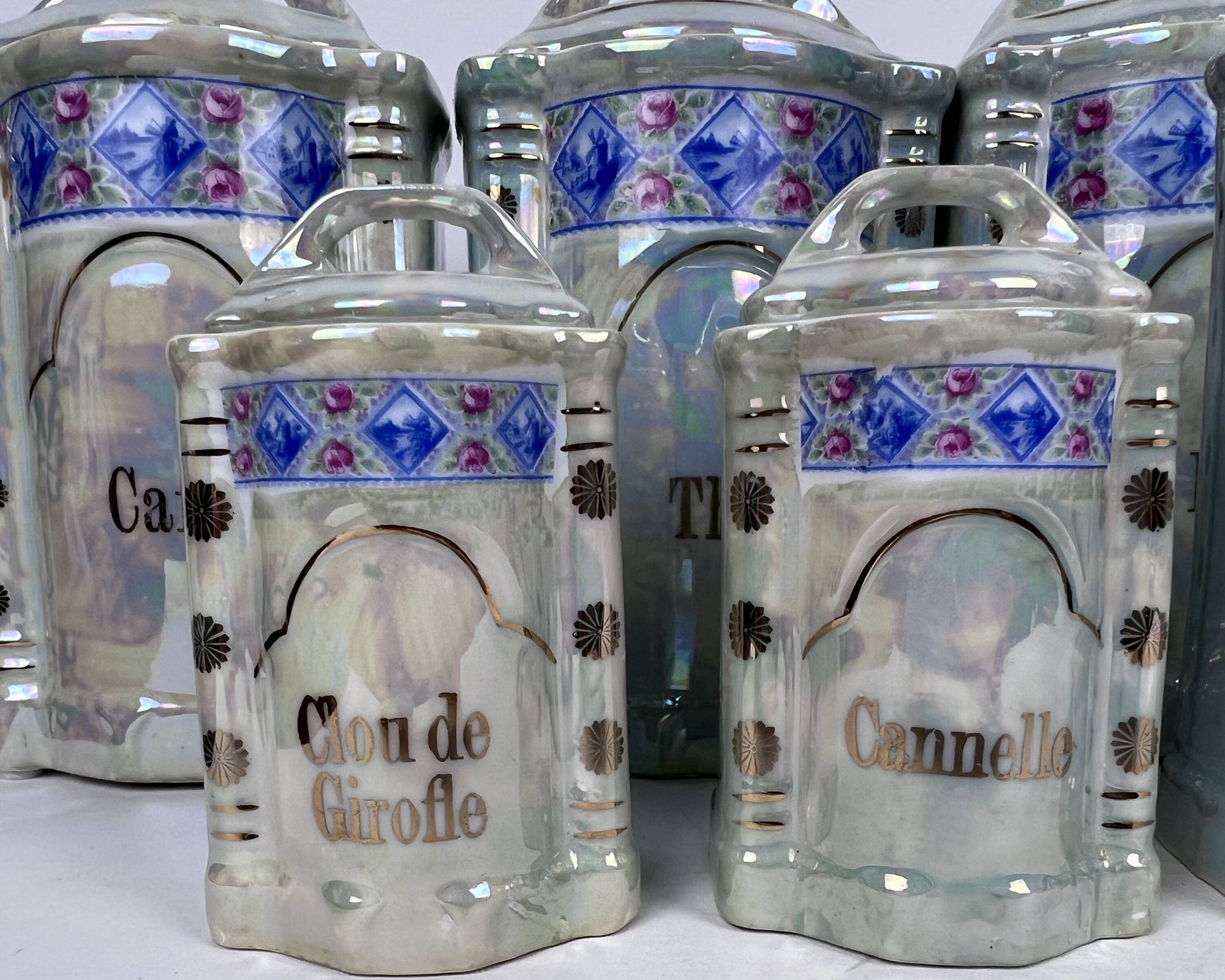 Vintage 1920s 30s French Canister Set Lustre Porcelain 10 pieces Excellent - Poppy's Vintage Clothing
