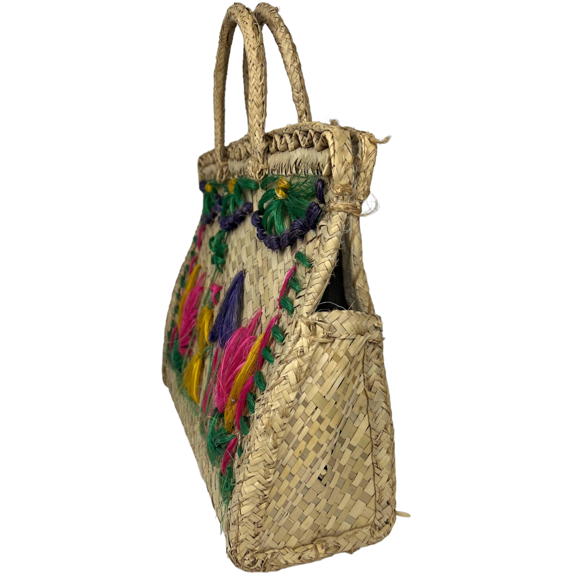 Vintage 1960s Embroidered Straw Tote Large Summer Handbag Purse British Hong Kong - Poppy's Vintage Clothing