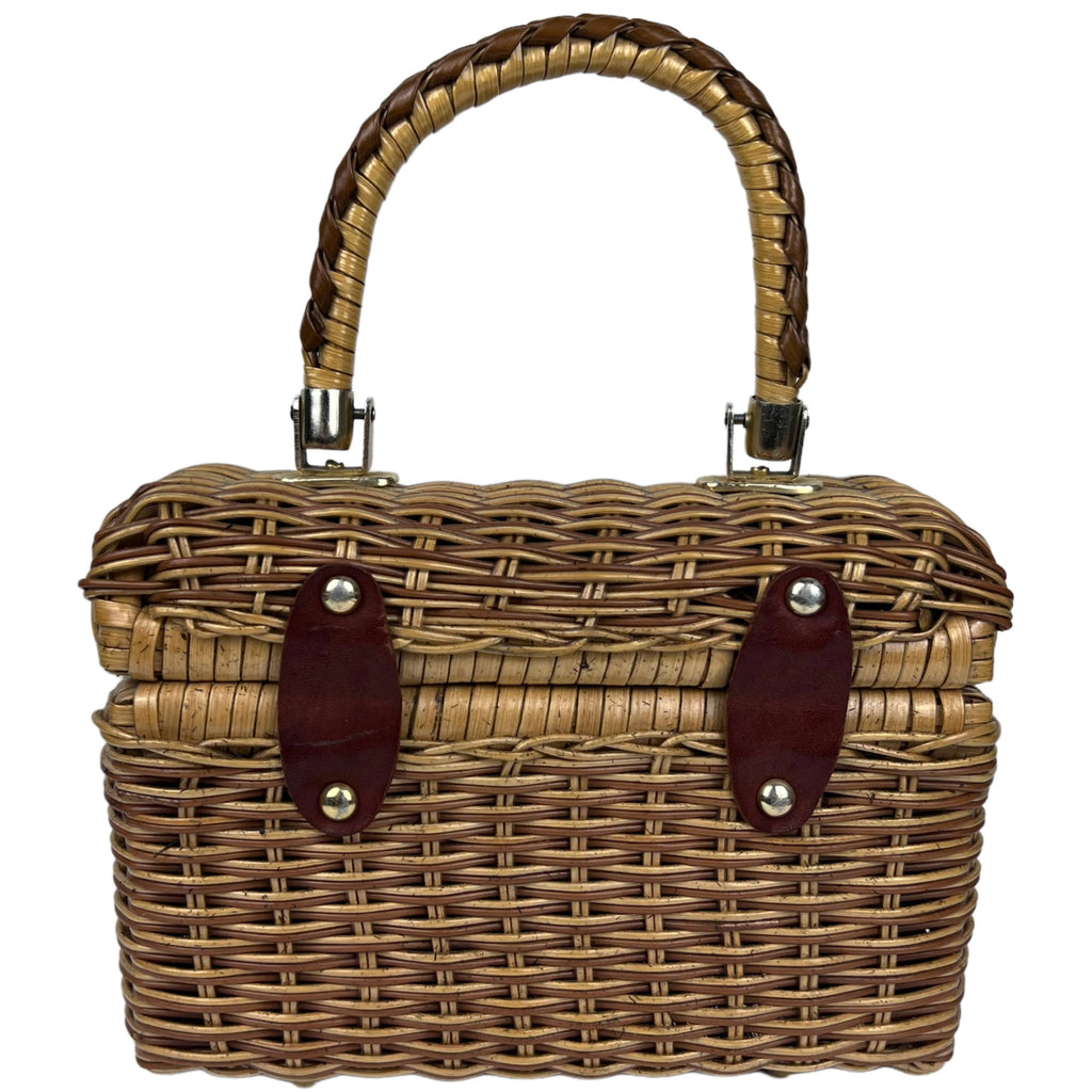 Vintage 1960s Vinyl Wicker Handbag Box Purse - Poppy's Vintage Clothing