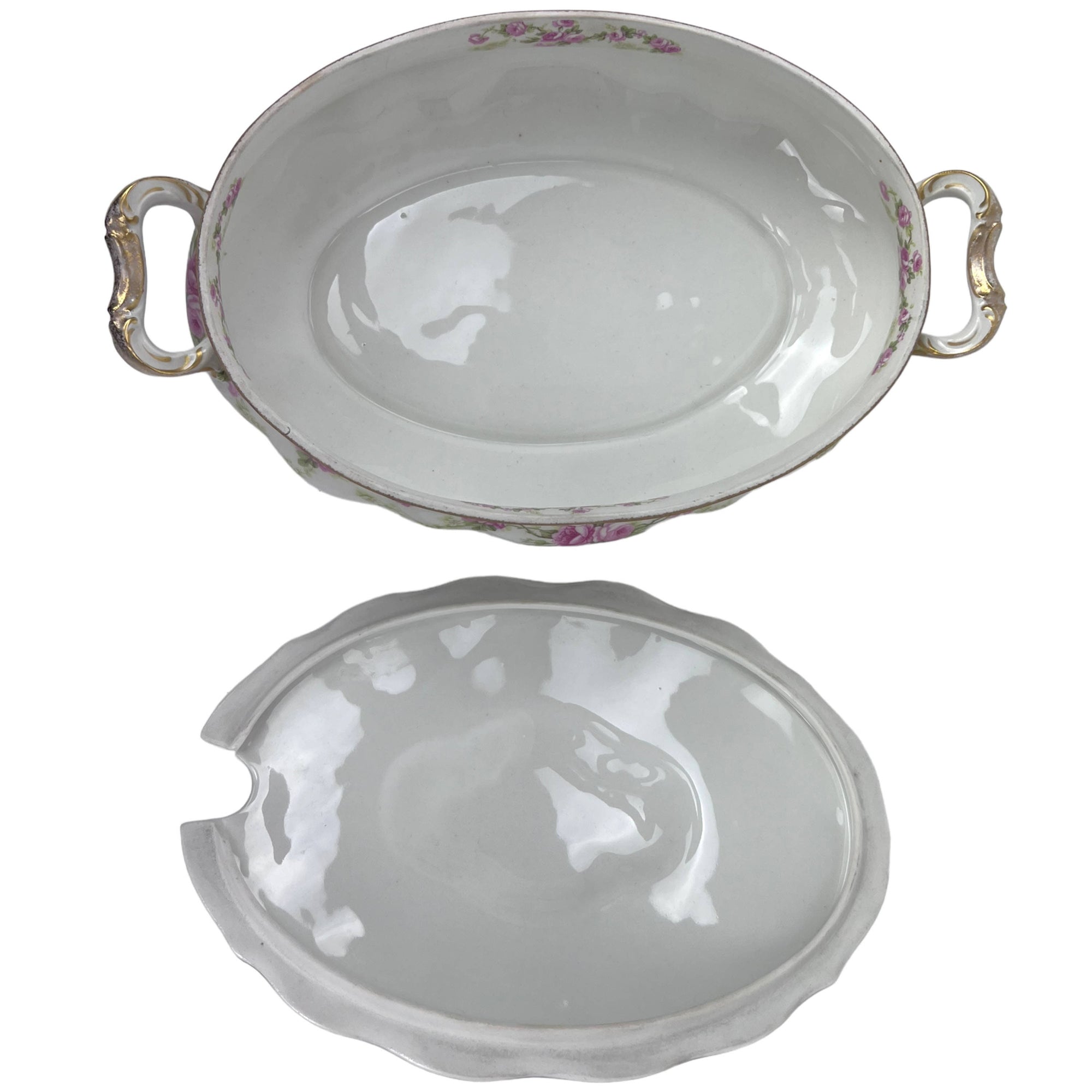 Antique Elite Limoges Porcelain Lidded Serving Dish w 2 Platters Pink Roses - Poppy's Vintage Clothing