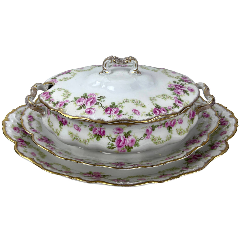 Antique Elite Limoges Porcelain Lidded Serving Dish w 2 Platters Pink Roses - Poppy's Vintage Clothing