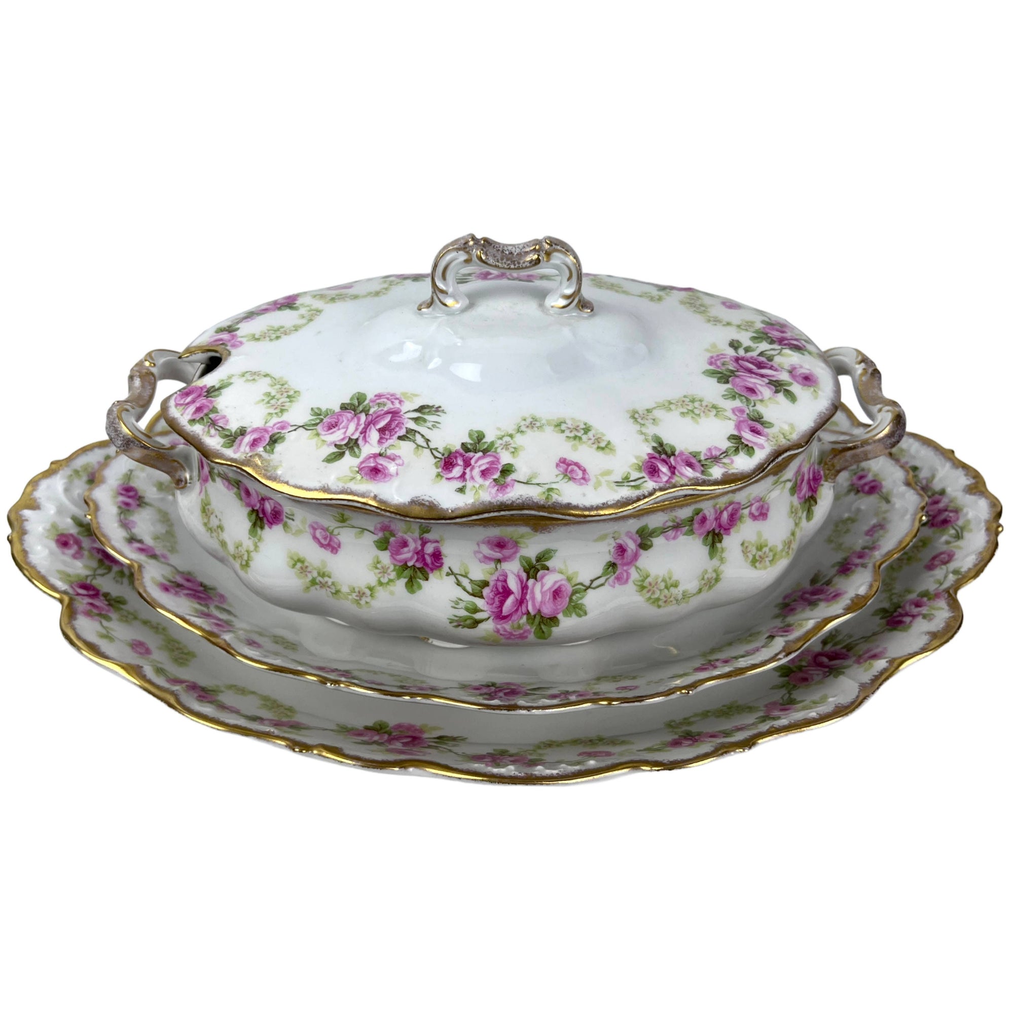 Antique Elite Limoges Porcelain Lidded Serving Dish w 2 Platters Pink Roses - Poppy's Vintage Clothing